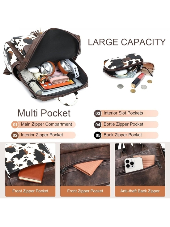 Brown Leather Backpack with Cowhide Print Accent main image 3